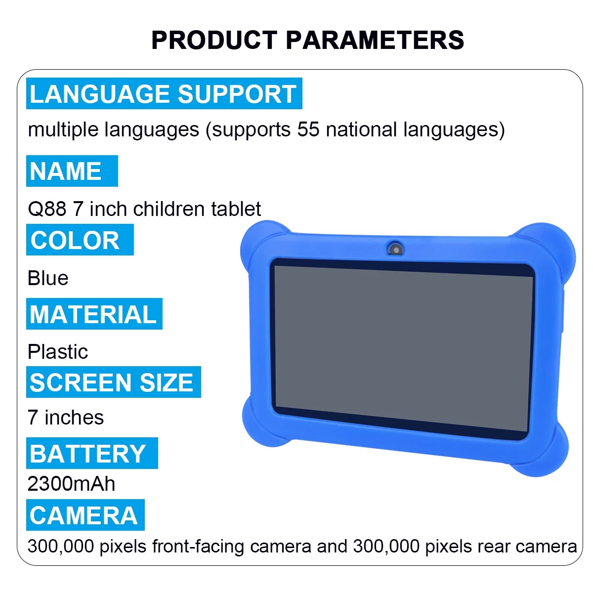 Kids Safe 7" Quad-Core Tablet 512M+8GB WIFI Dual Cameras Kid-Proof Case (Blue) Y668