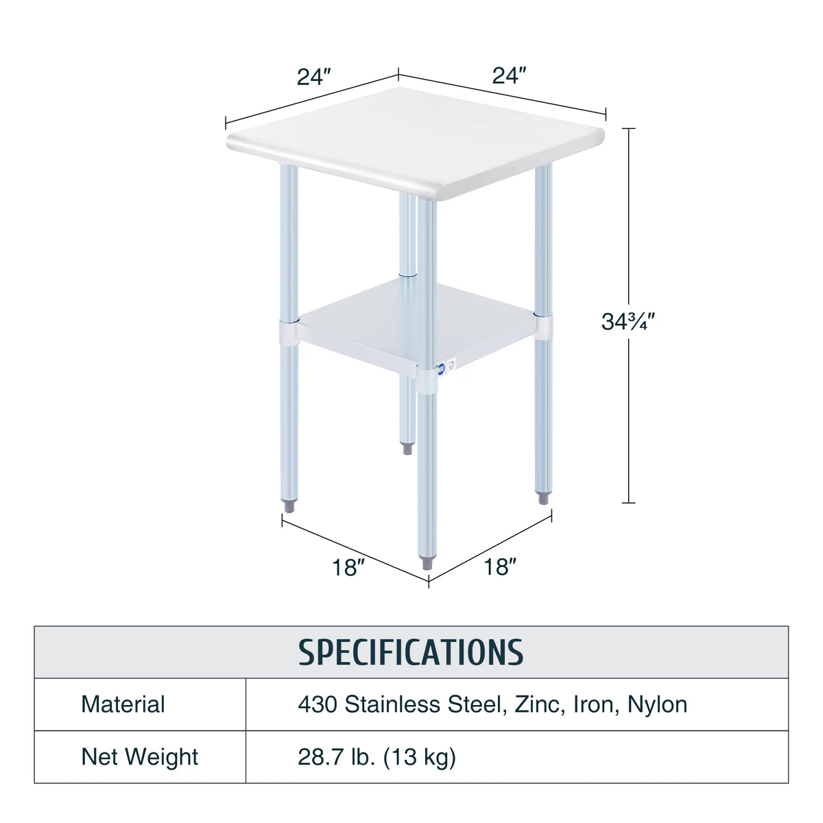 Stainless Steel Prep Table with Adjustable Shelf 24x24 Inch Z848