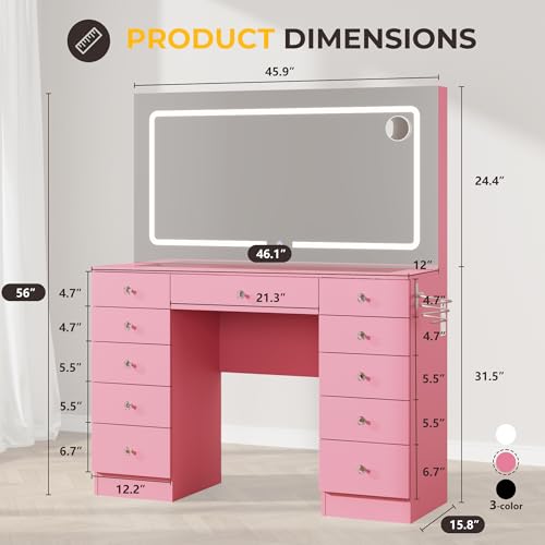 White 11 Drawer Vanity Desk with Mirror and Lights M28899