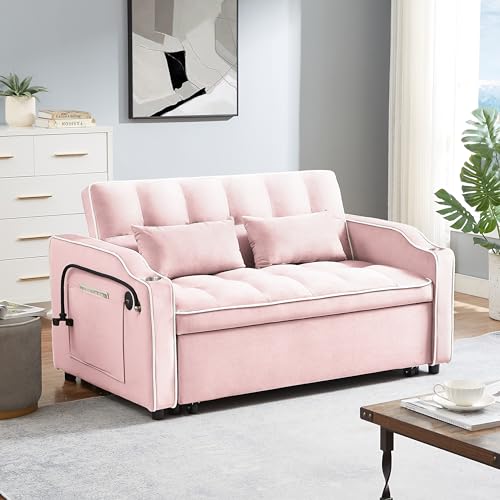 Pink Velvet Pull Out Sofa Bed N823439