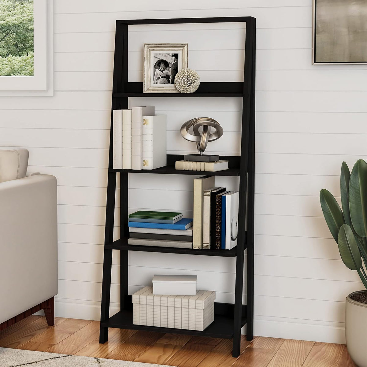 Black 4-Tier Wooden Ladder Bookshelf C62171