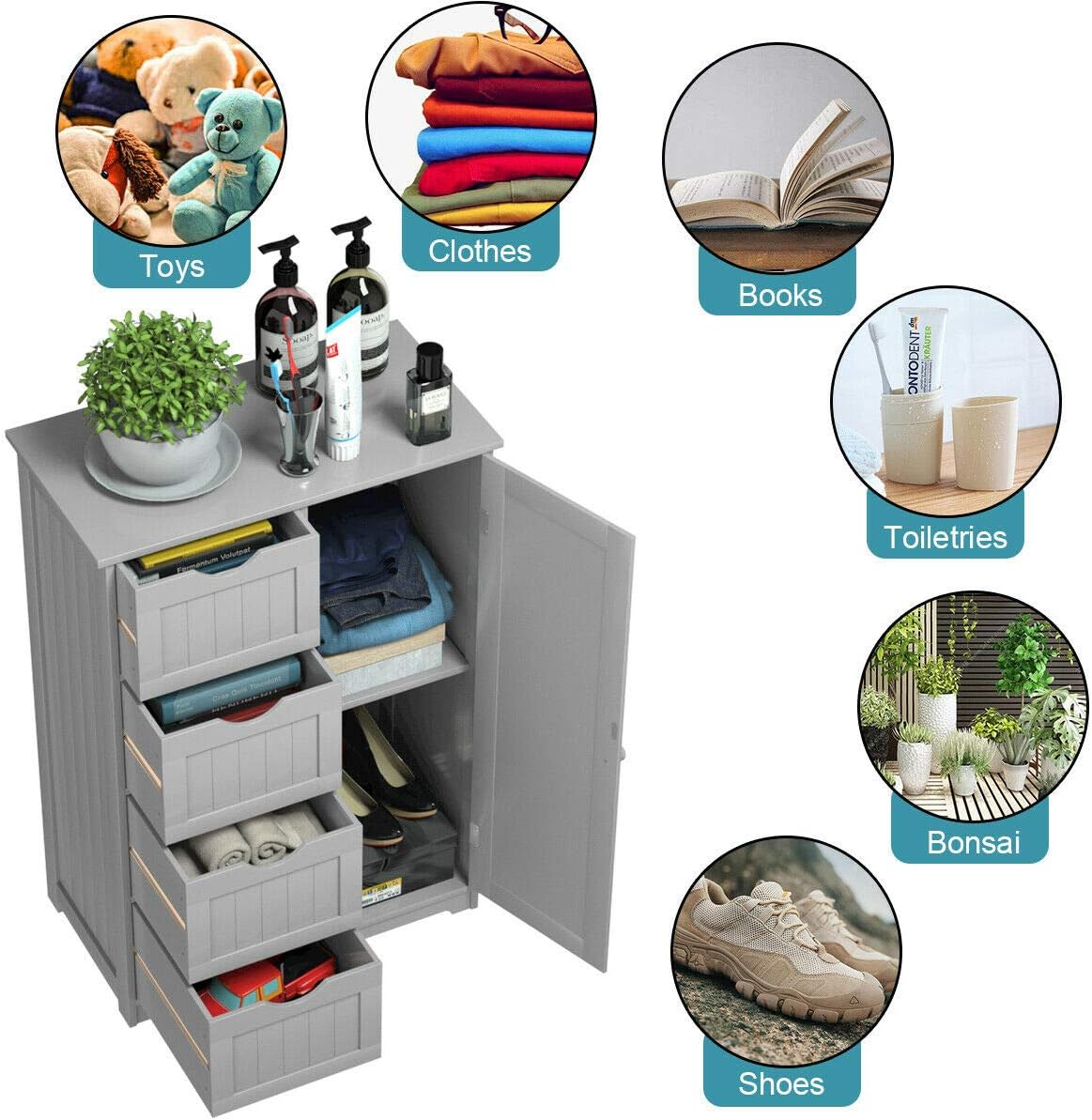 Grey Freestanding Bathroom Floor Cabinet with 4 Drawer A564214