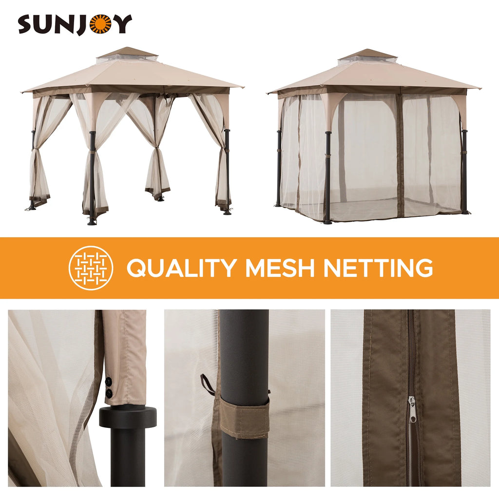 Tan and Brown Steel Frame Outdoor Patio Gazebo with Netting G85251