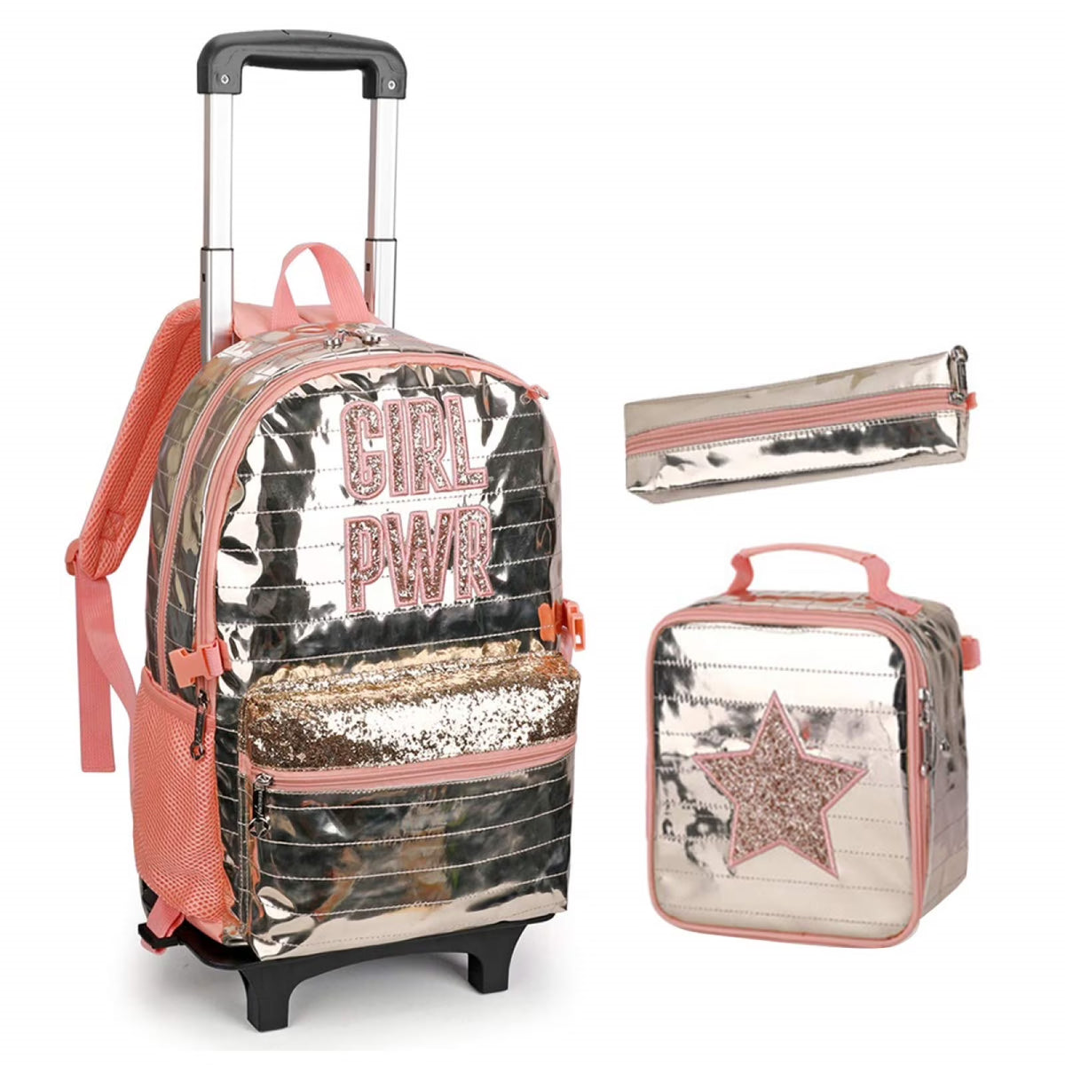 Golden Star Kids Rolling Backpack 3pcs Set with Lunch Bag Pen Case A3099