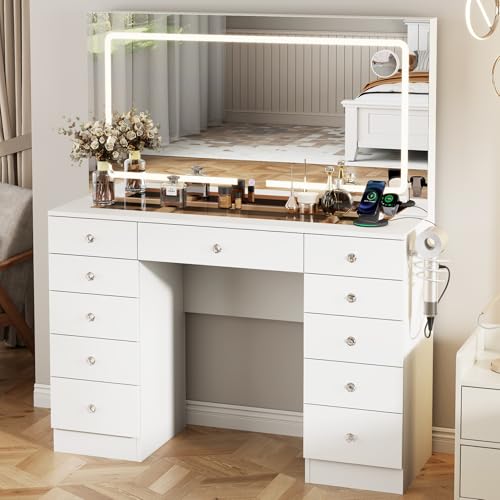 White 11 Drawer Vanity Desk with Mirror and Lights M28899