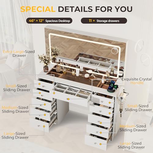 White 11 Drawer Vanity Desk with Mirror and Lights M28899