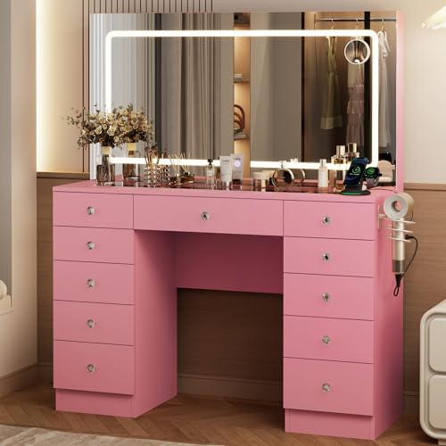 White 11 Drawer Vanity Desk with Mirror and Lights M28899