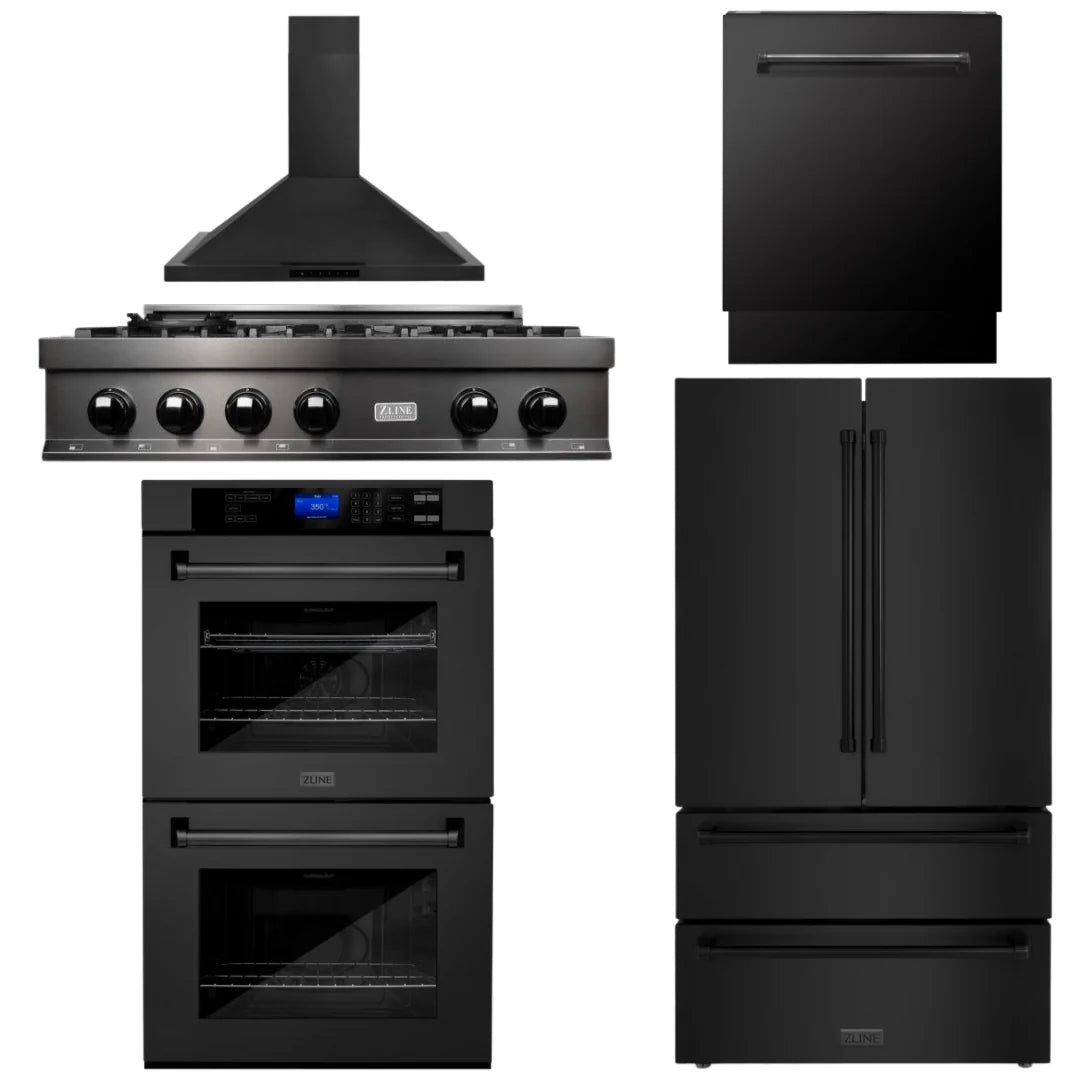 36 Rangetop Range Hood Refrigerator Dishwasher Double Wall Oven in Black Stainless W574864