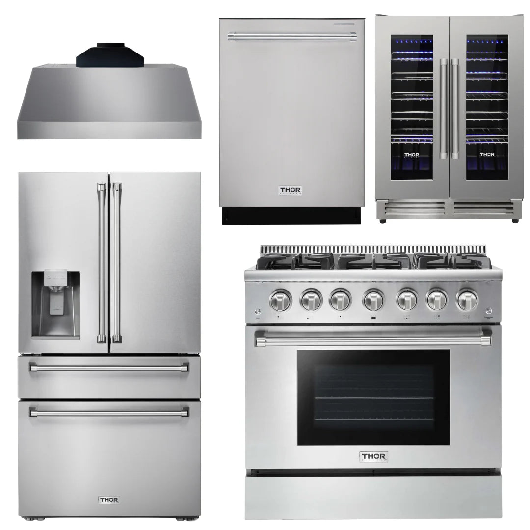 36 Gas Range, Range Hood, Refrigerator with Water and Ice Dispenser, Dishwasher, Wine Cooler S87875