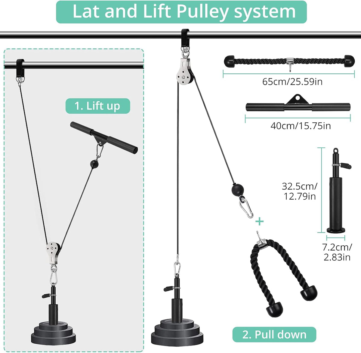 Fitness Pulley System with Tricep Rope, LAT Pull Down Bar L81642