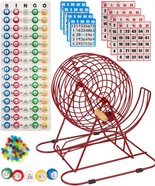 11” Red Bingo Cage with 50 Jumbo Reusable Cards, 18 Standard Bingo Cards, 150 Chips, Master Board, 75 Bingo Balls B7664