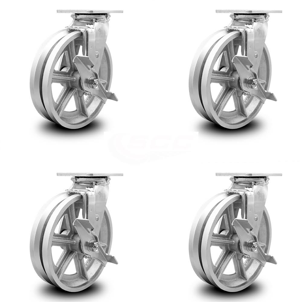 8 inch x 2 inch V Groove Semi Steel Wheel Swivel Casters with Brakes, Set of 4, Silver T5020