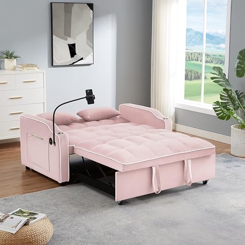 Pink Velvet Pull Out Sofa Bed N823439