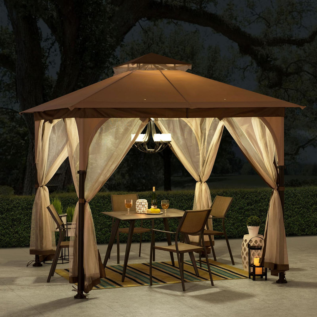 Tan and Brown Steel Frame Outdoor Patio Gazebo with Netting G85251