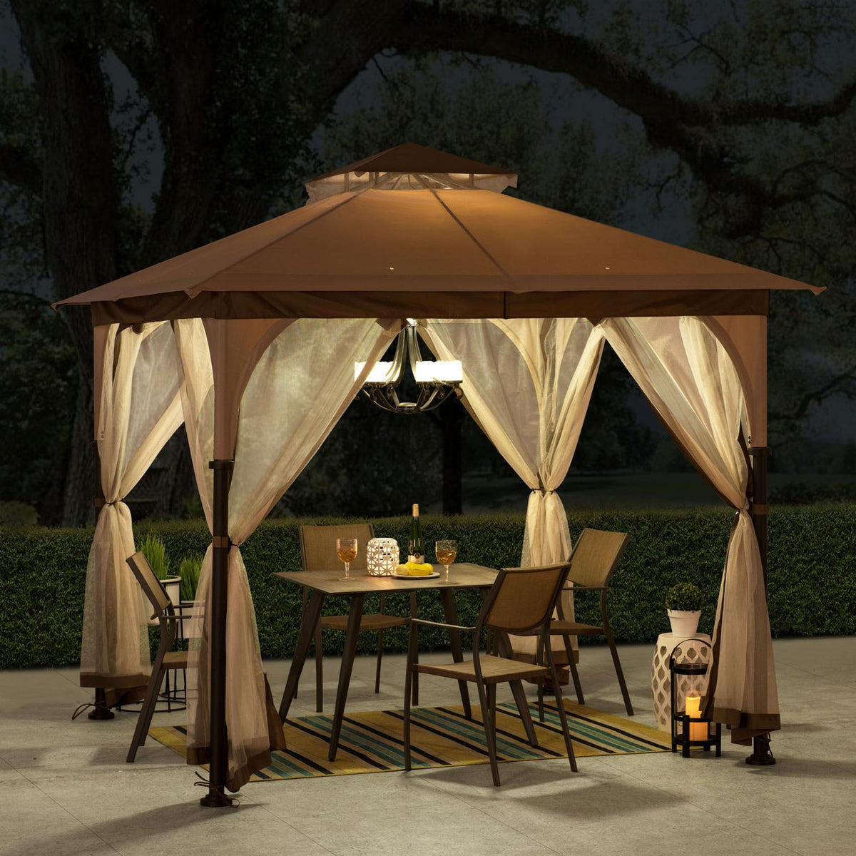 Tan and Brown Steel Frame Outdoor Patio Gazebo with Netting G85251