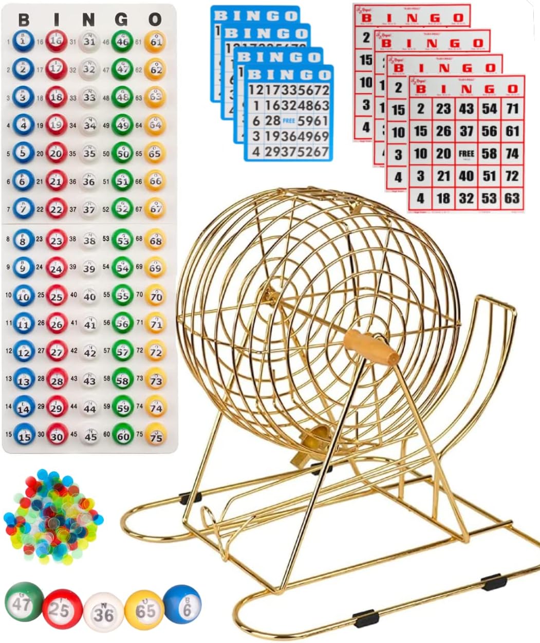 11” Red Bingo Cage with 50 Jumbo Reusable Cards, 18 Standard Bingo Cards, 150 Chips, Master Board, 75 Bingo Balls B7664