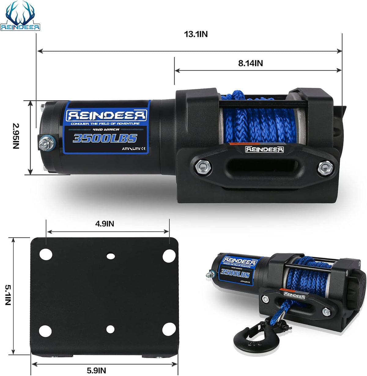 12V 3500 lb Electric Winch Kit Synthetic Rope with Hawse Fairlead Waterproof IP67 Wireless Remotes G633005