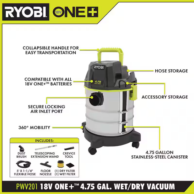 18V Cordless 4.75 Gal. Wet/Dry Vacuum Kit with Battery and Charger Z8744