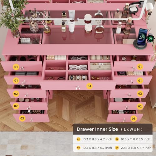 White 11 Drawer Vanity Desk with Mirror and Lights M28899