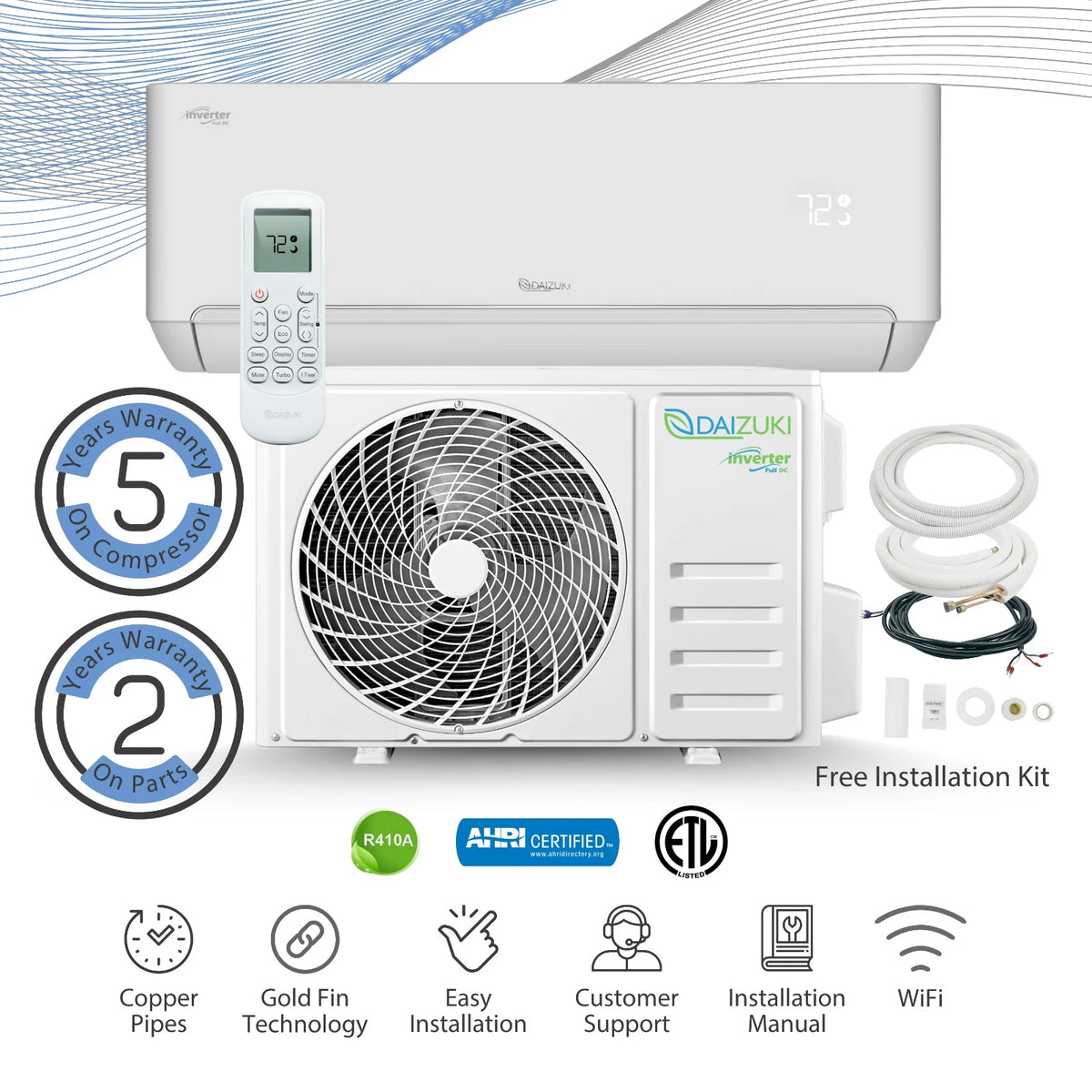 12,000 BTU 22 SEER2 Ductless Mini-Split Inverter Air Conditioner Heat Pump Full Set 110V E2918
