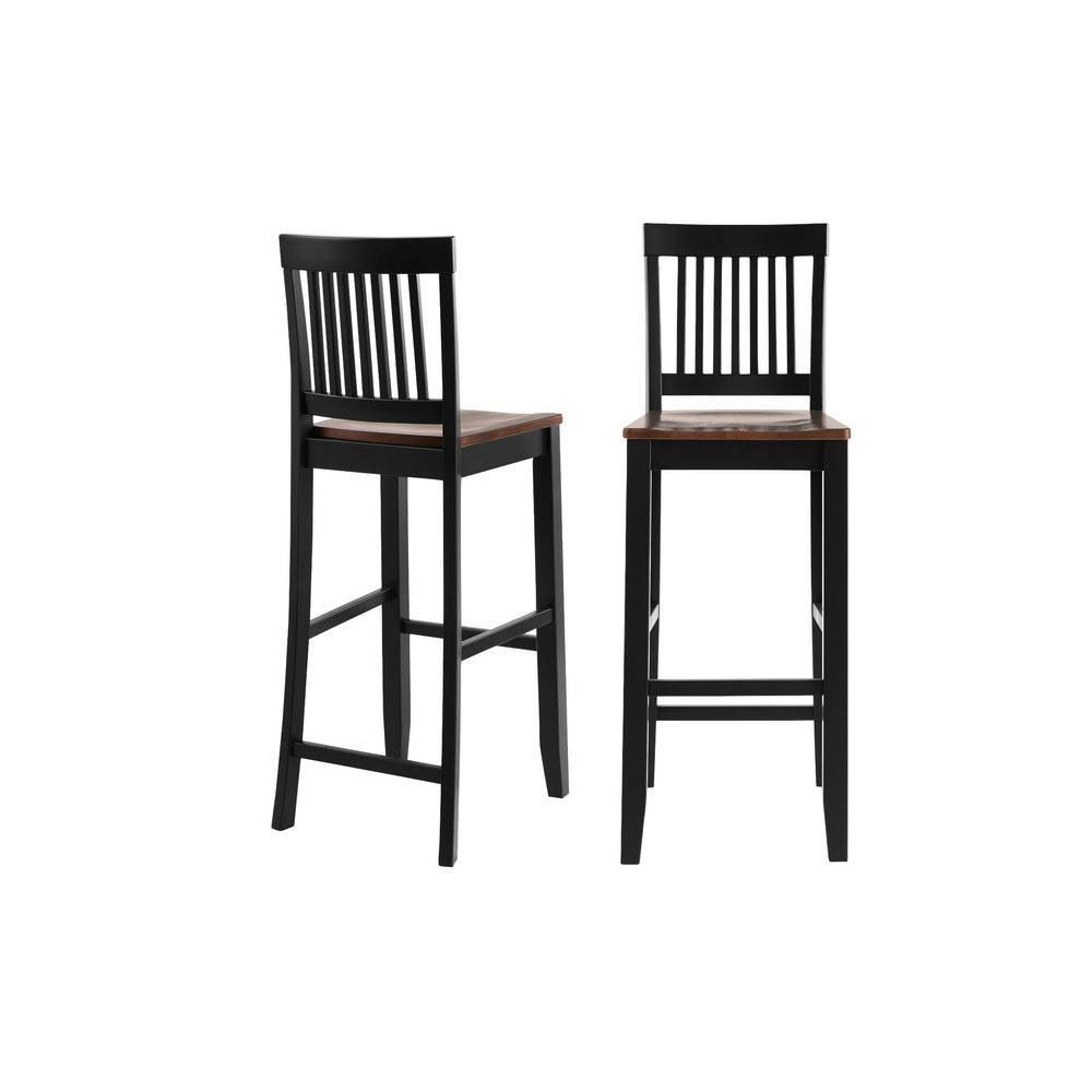 Black Wood Bar Stool with Slat Back and Walnut Seat (Set of 2) C1108