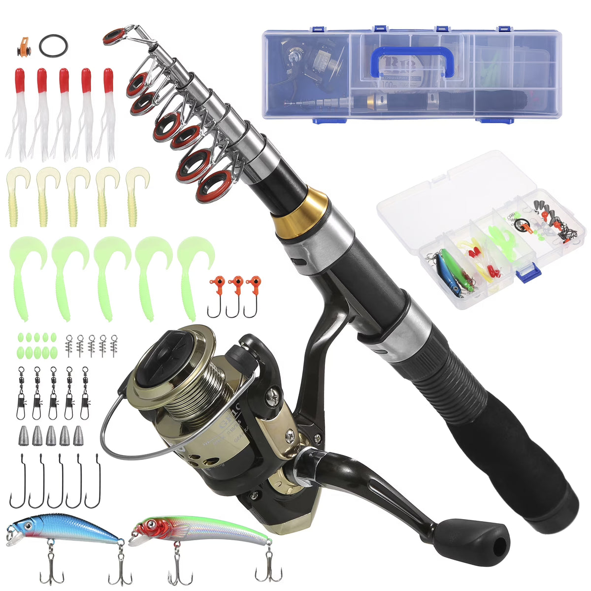 Spinning Rod Reel Combo Kit with Lures Swivels Line Box Pole Telescopic G606