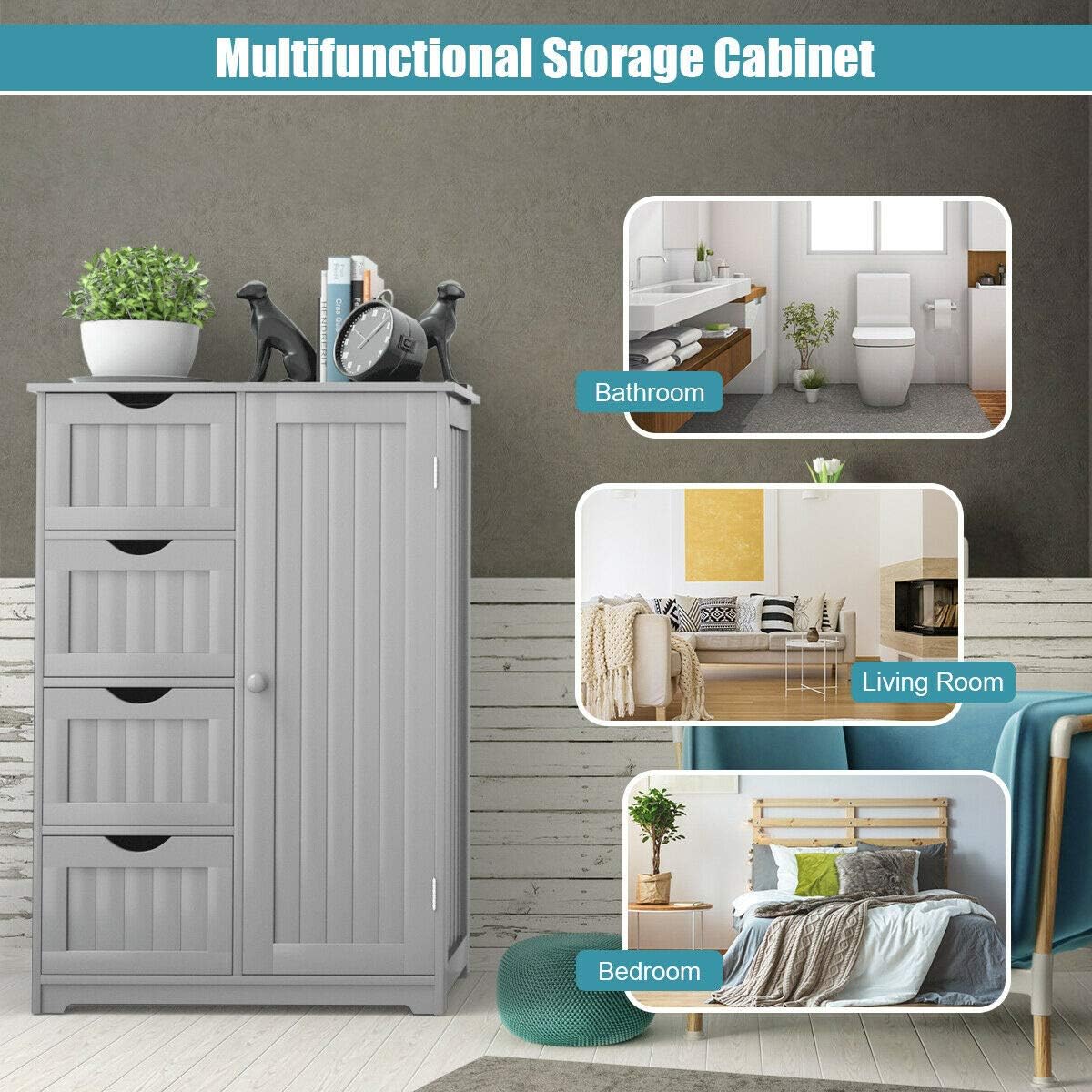 Grey Freestanding Bathroom Floor Cabinet with 4 Drawer A564214