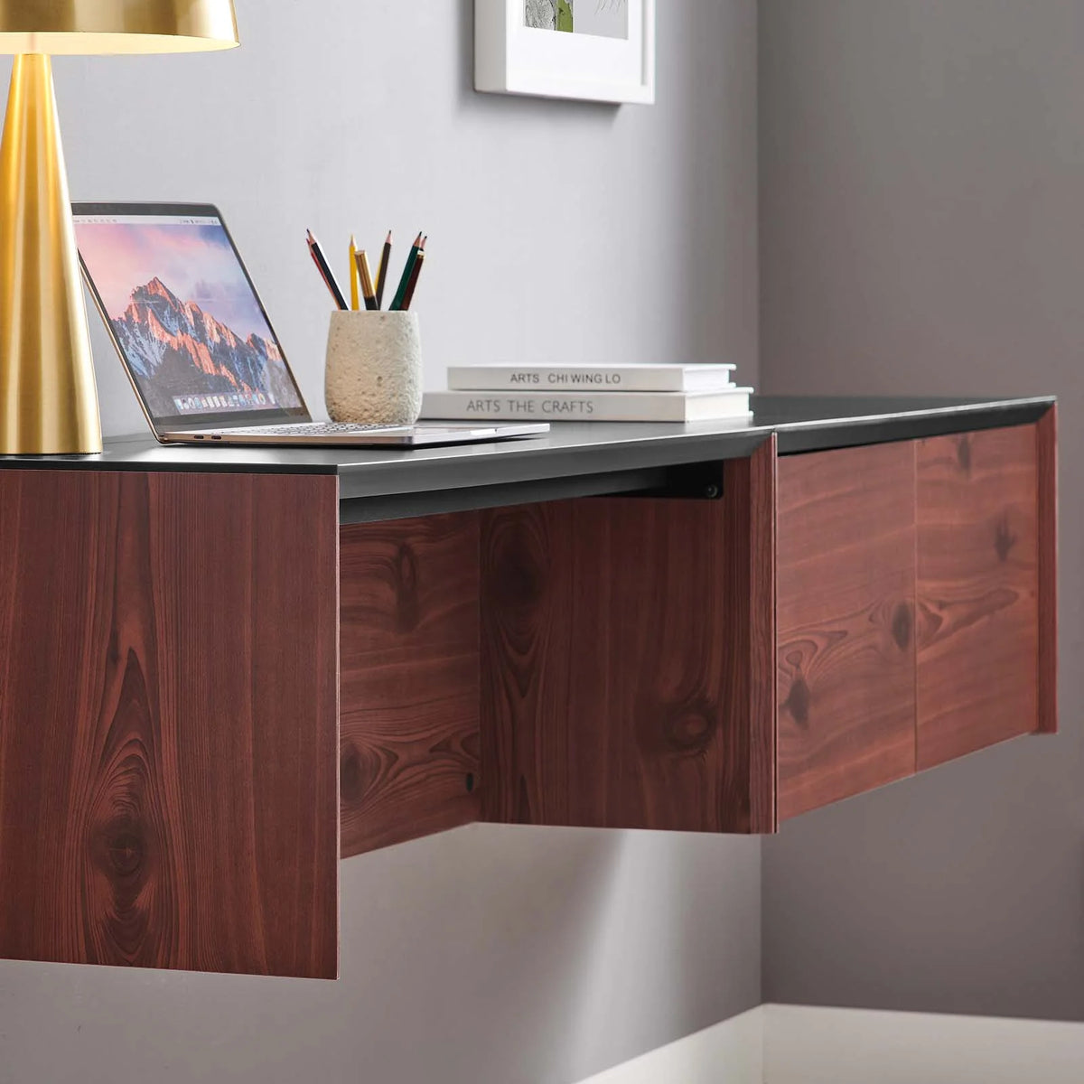 38" Wall-Mount Office Desk with Cabinet and Shelf W45481