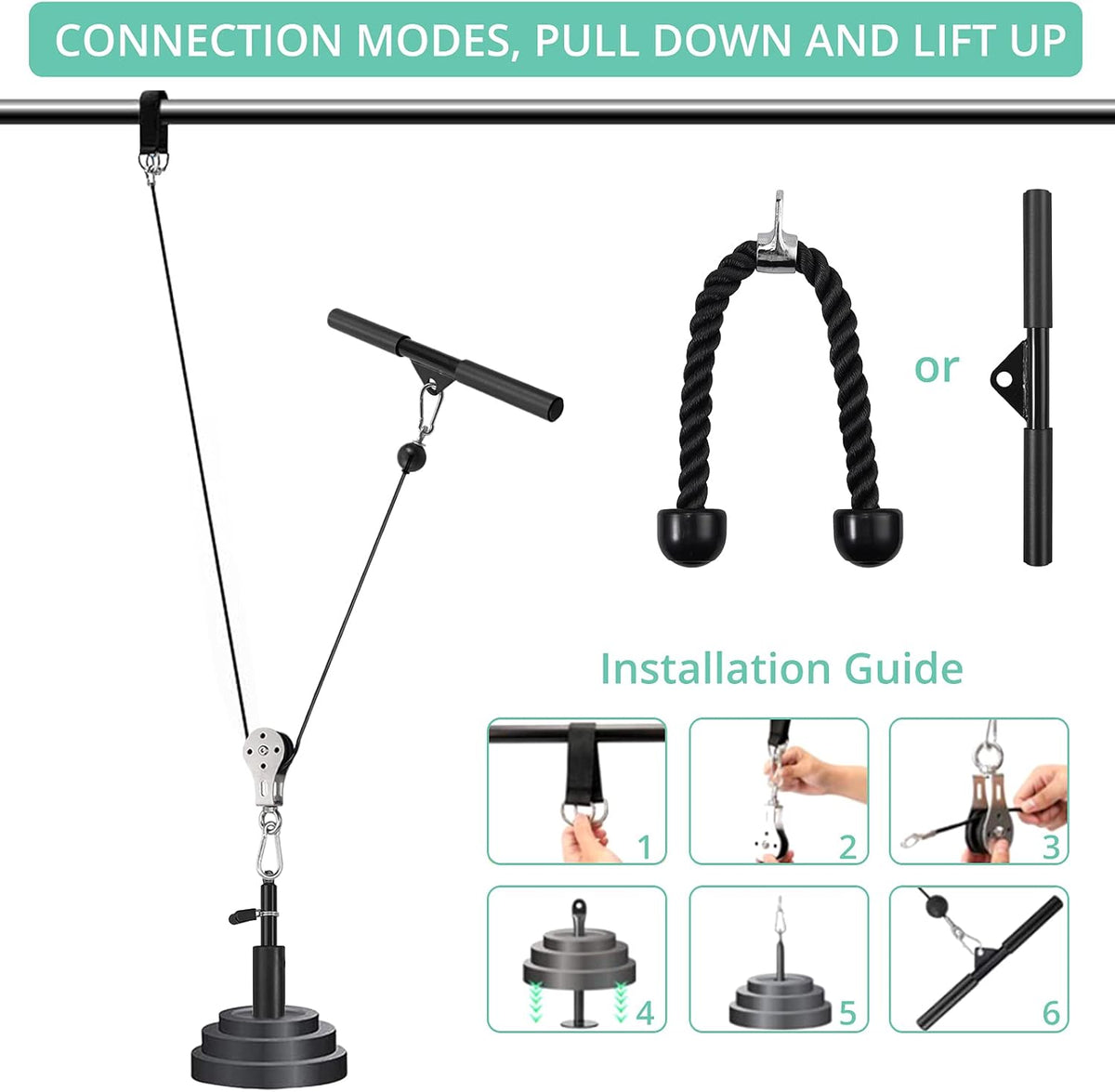 Fitness Pulley System with Tricep Rope, LAT Pull Down Bar L81642