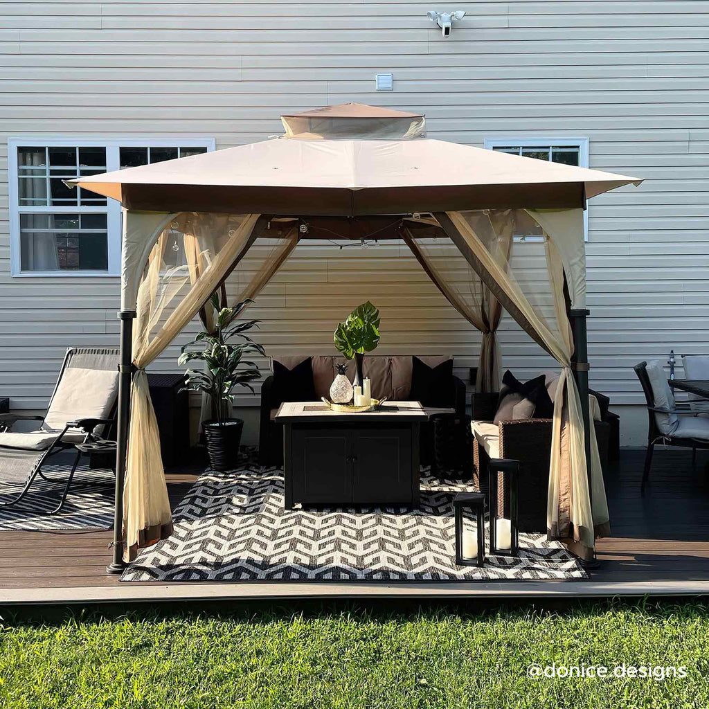 Tan and Brown Steel Frame Outdoor Patio Gazebo with Netting G85251