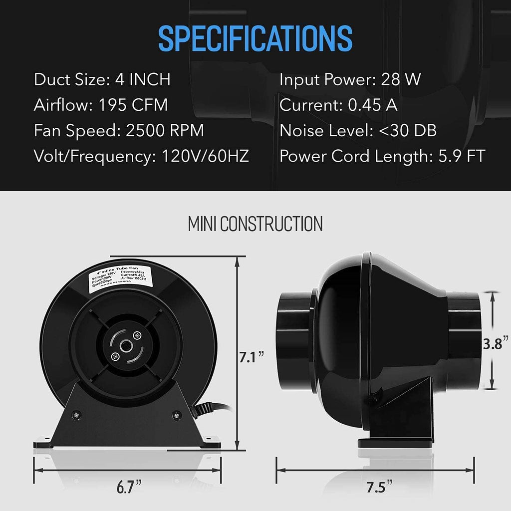 4 Inch 195 CFM Inline Fan with Carbon Filter and 8 Feet Ducting O416168