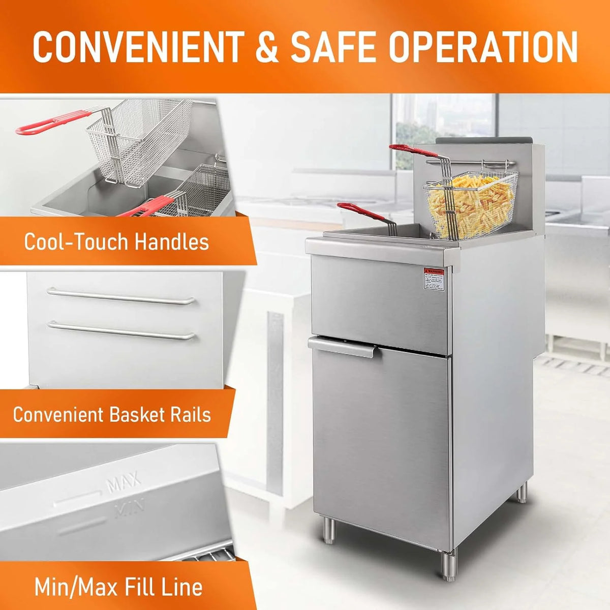 Commercial Gas Floor Fryer with 2 Baskets, 4 Tube Burners, 40 LB Capacity Stainless Steel C6766