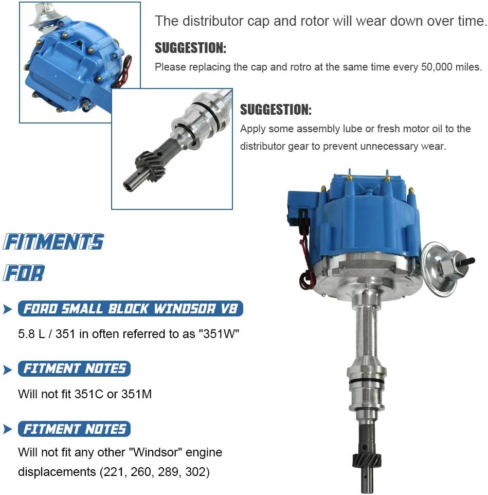 HEI Ignition Distributor for Small Block Ford 351W 5.8L 8 Cylinder with Blue Cap Pack of 2 Y726352