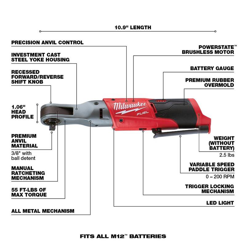 12V Lithium-Ion Brushless Cordless 3/8 in. Ratchet and Jobsite Radio with Two 3.0 Ah Batteries W465