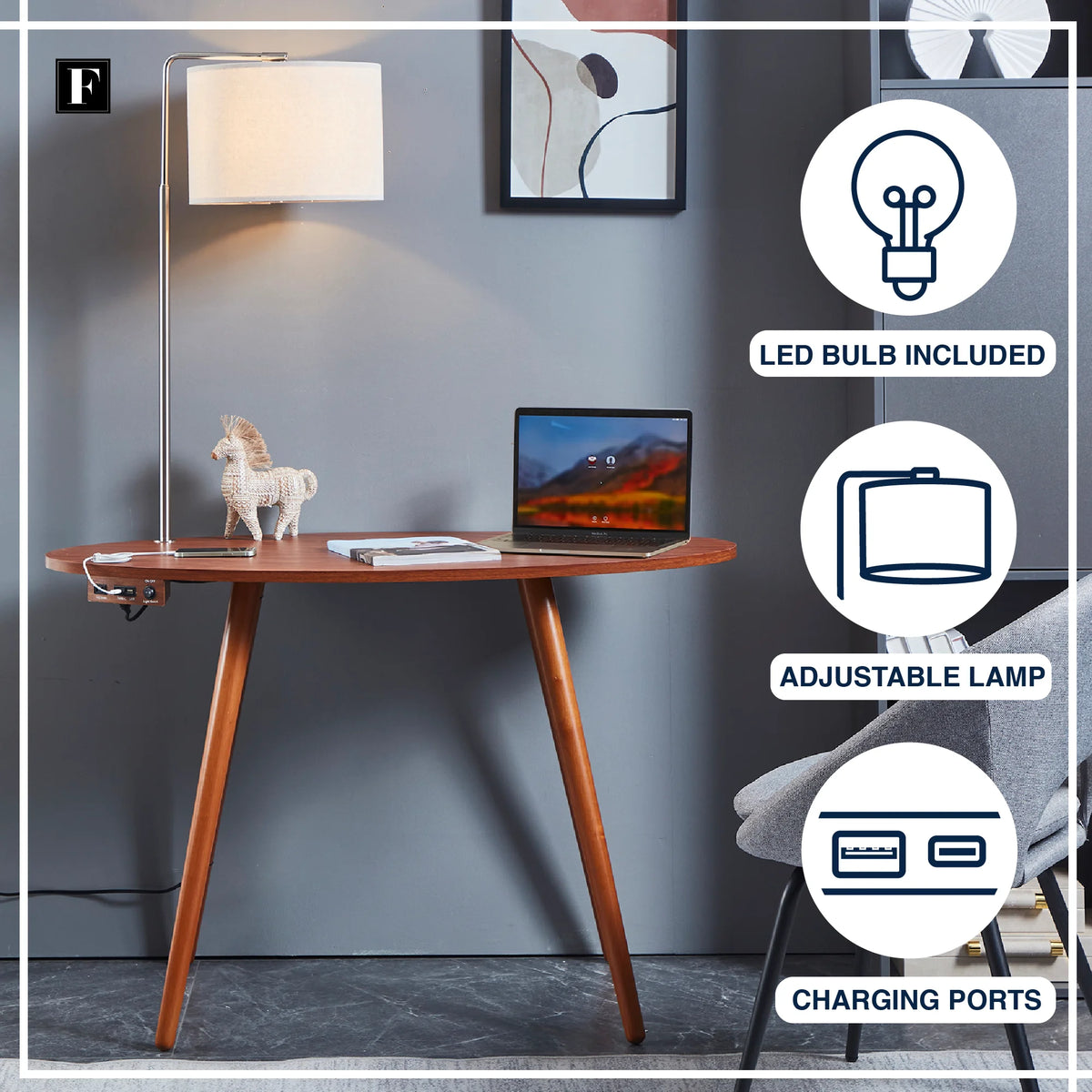 Oval Desk with USB-C Charging Station, 45.5", Walnut A95167