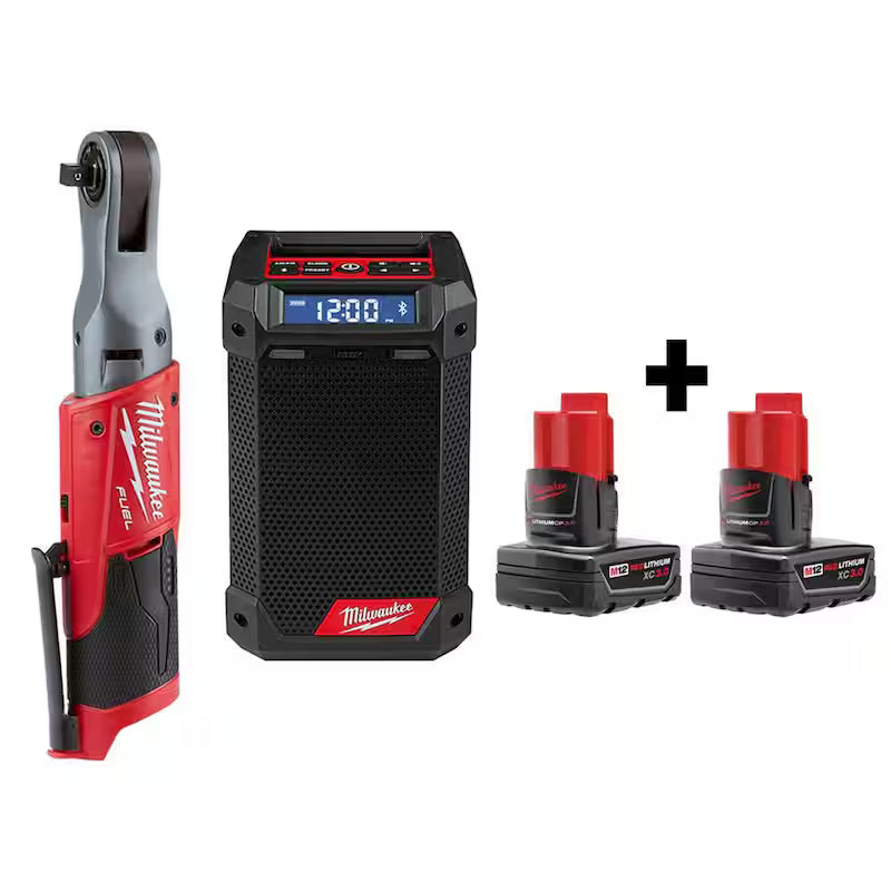 12V Lithium-Ion Brushless Cordless 3/8 in. Ratchet and Jobsite Radio with Two 3.0 Ah Batteries W465