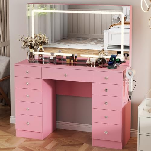 White 11 Drawer Vanity Desk with Mirror and Lights M28899