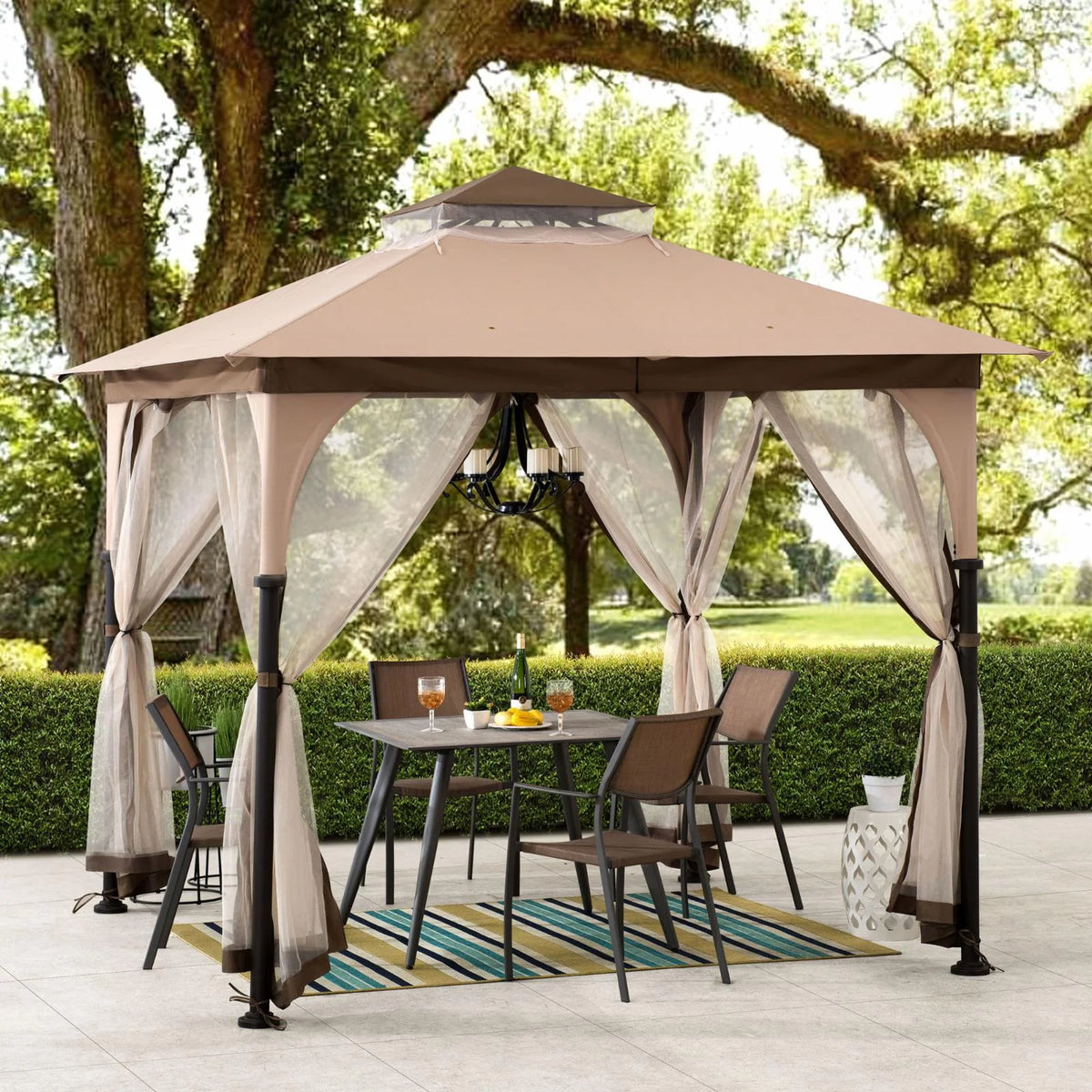 Tan and Brown Steel Frame Outdoor Patio Gazebo with Netting G85251
