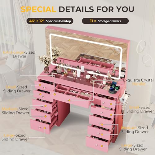 White 11 Drawer Vanity Desk with Mirror and Lights M28899